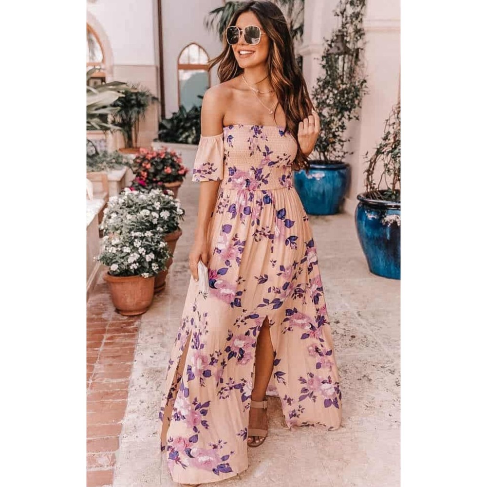 Pink Lily Peach Purple Floral Smocked Maxi Dress Short Flutter Sleeve Small
